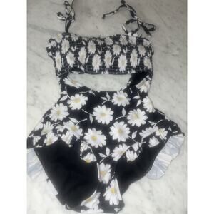 Unique Vintage Swimsuit One Piece Black White Small Daisy Cut out Ruffles